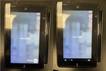 Two credit card readers displaying the normal WELCOME screen