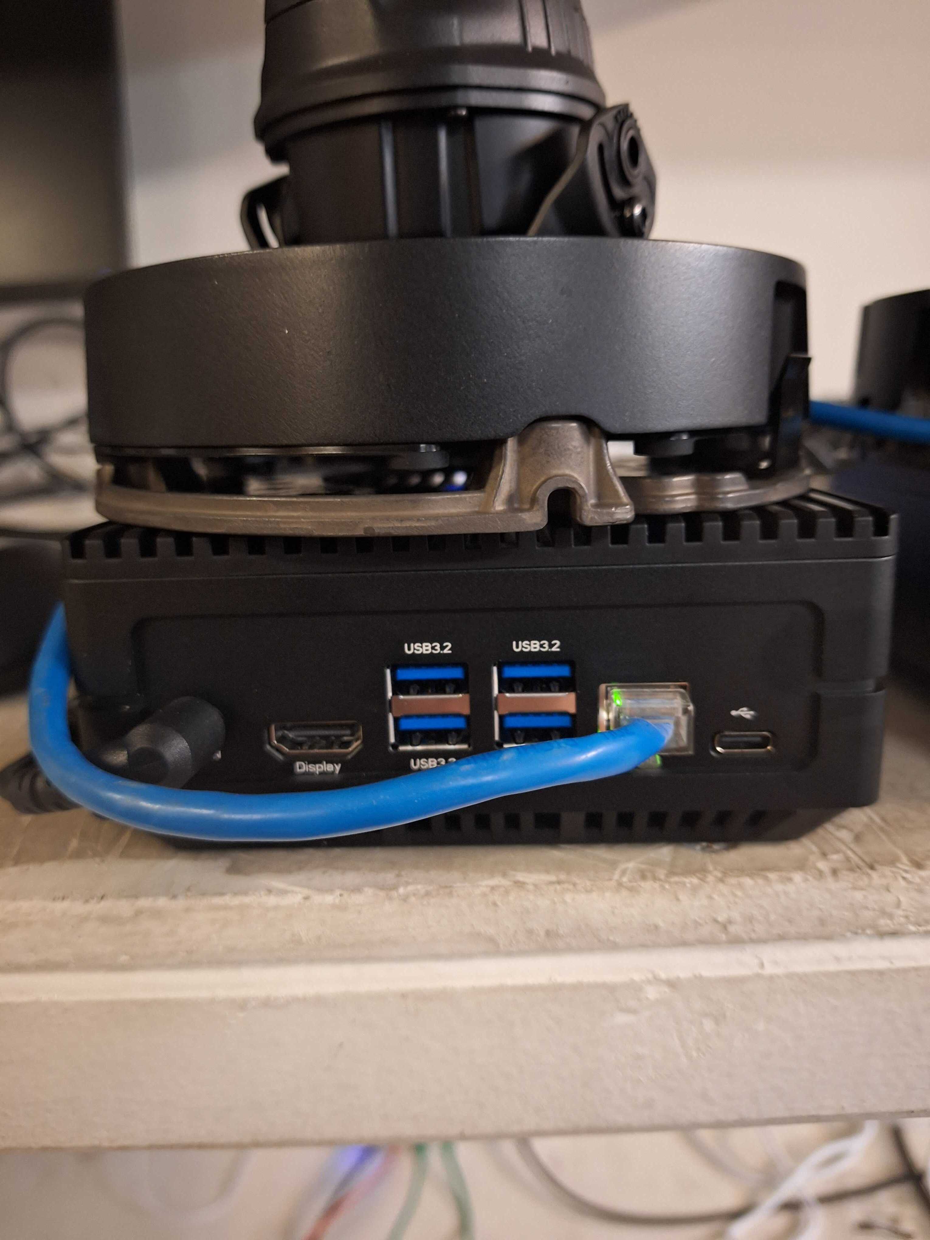 Jetson in operation, showing the connected power lead and Ethernet cable. Photo by the operator.