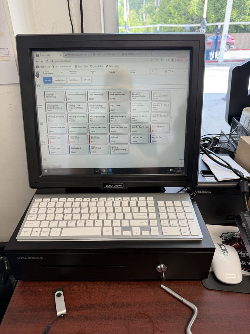 POS terminal — POS station with touchscreen, keyboard and cash drawer. From NXT Wash Site Network Topology; image by the operator.