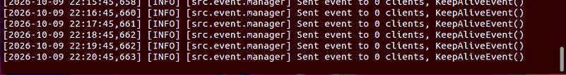 Middleware log showing repeated KeepAliveEvent messages sent to 0 clients